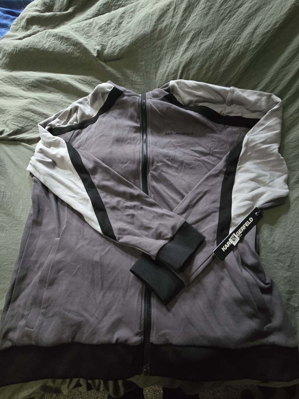 Karl Lagerfeld Gray and White Zip Track Jacket with Black Trim